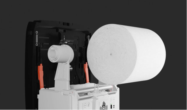 Geöffneter TUBELESS Rollenhandtuch-Spender und Rolle